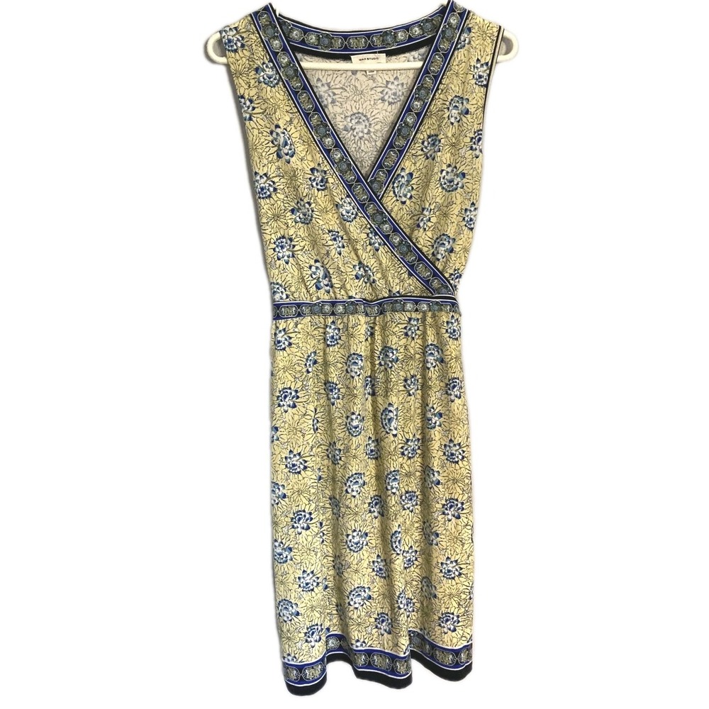 Max Studio Dress Women L Yellow Blue Floral Surplice Wrap Belt Low Vneck Stretch
